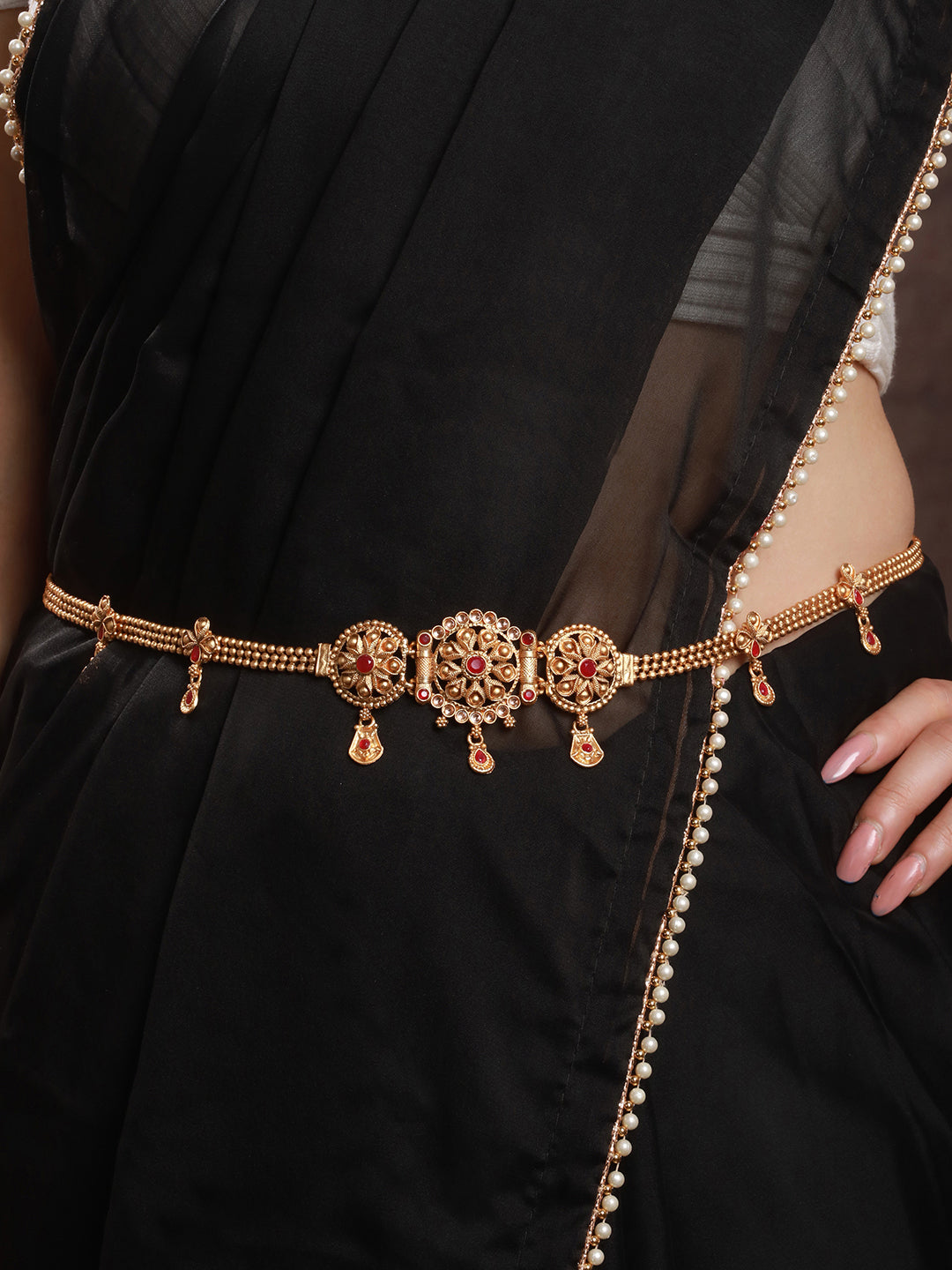 Gold Plated Red Kundan Studded Waistband Kamarbandh